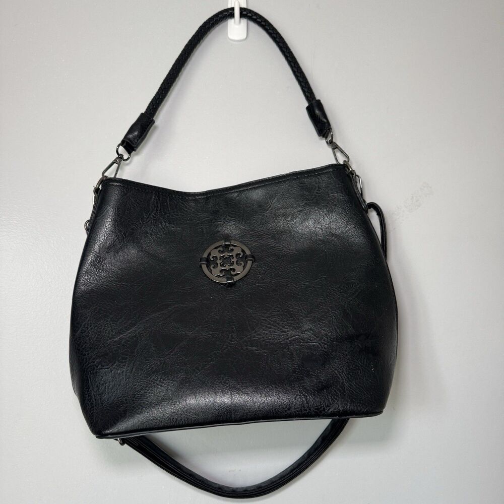 Vintage Sam and Hadley Black Leather Shoulder Bag Braided Handle Gunmetal